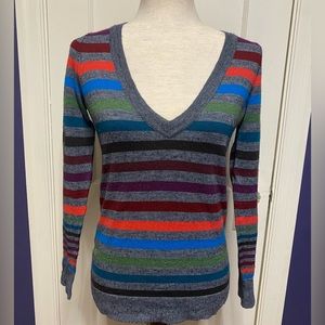 The Limited size medium sweater, grey with rainbow stripes, merino wool blend